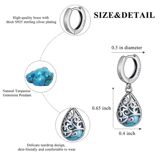 🌹🆕 925 Sterling Silver and Turquoise Dangle Teardrop Earrings - Picture 5 of 6